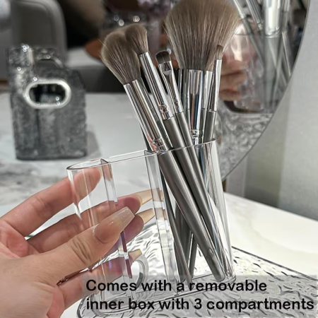 Organizator de Machiaj si Cosmetice pentru Baie, Cutie Depozitare Transparenta Gri din Plastic, cu Cos Frontal si Cutie Interioara Detasabila, pentru Raft sau Dulap [4]