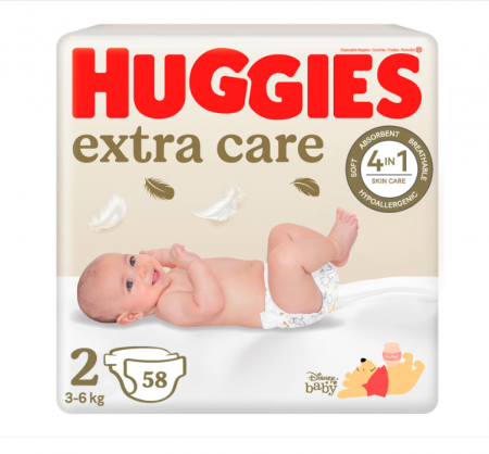 Scutece si chilotei - Scutece Huggies Extra Care 2, Jumbo, 3-6 kg, 58 buc