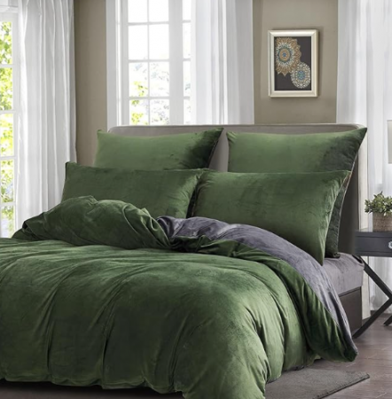Set husa pilota pentru iarna plush/microfibră 135 x 200 cm – doua fete, extra moale, călduroasă, cu fețe de pernă 80×80 cm -, verde/gri [1]