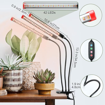 Lampa cu 3 capete si clip, 27W, Lumina LED Full Spectrum pentru plante de interior, bonsai si rasaduri, cu timer, suficient de puternica ca soarele, Home Plug [1]