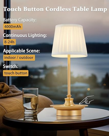 Lampa de masa LED fara fir GyroVu, reincarcabila, touch dimabila, abajur textil, pentru dormitor, birou, restaurant [4]