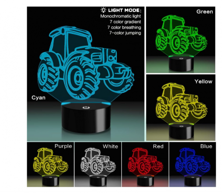 Lampă LED 3D „Iluzie Optică” Tractor, schimbare 7–16 culori, comandă tactilă + telecomandă, USB/baterii – decor Crăciun & cadou copii [1]