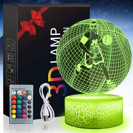 Textile & Decoratiuni - Lampă LED 3D „Iluzie Optică” Baschet, schimbare 7–16 culori, comandă tactilă + telecomandă, USB/baterii – decor Crăciun & cadou copii
