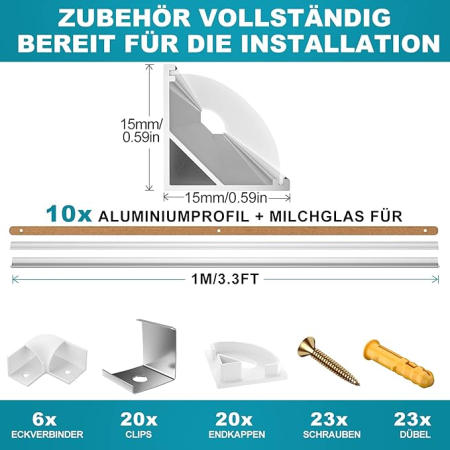 Profil LED aluminiu LIAOINTEC 10x1 m, V-Shape, cu capac alb mat, capete și suport montaj pentru benzi LED [2]