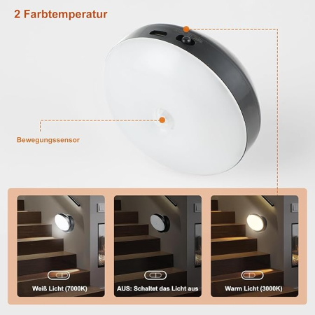 Lampa LED de perete cu senzor de miscare, neagra, cu intrerupator, rotatie 360°, lumina 3000K/7000K, magnetica, fara fir, pentru living, hol si scari [3]