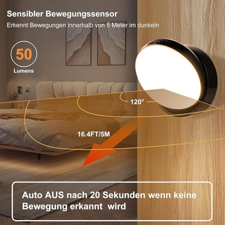 Lampa LED de perete cu senzor de miscare, neagra, cu intrerupator, rotatie 360°, lumina 3000K/7000K, magnetica, fara fir, pentru living, hol si scari [6]