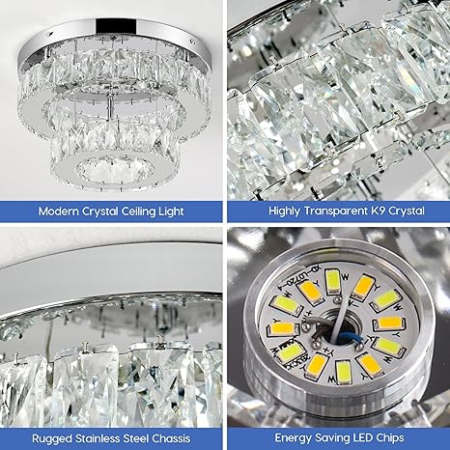 Candelabru modern LEONTYNE cu cristale, 2 straturi, rotund, pentru dormitor, hol, bucatarie, alb rece, clasa energetica E [3]