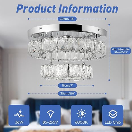 Candelabru modern LEONTYNE cu cristale, 2 straturi, rotund, pentru dormitor, hol, bucatarie, alb rece, clasa energetica E [2]
