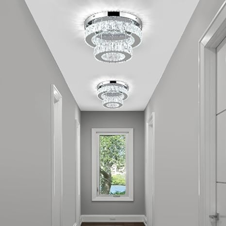 Candelabru modern LEONTYNE cu cristale, 2 straturi, rotund, pentru dormitor, hol, bucatarie, alb rece, clasa energetica E [7]