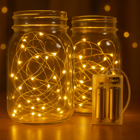 Lichidare Stoc - Set 2 Șiruri Luminoase LED 12 m – Cu Baterii și Temporizator, Sârmă de Cupru, 120 LED / Bucată