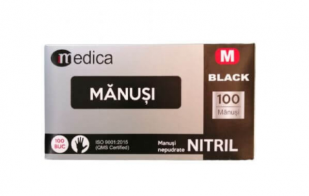 Manusi unica folosinta - Manusi negre nepudrate din nitril, M, 100 bucati, Medica - 170430