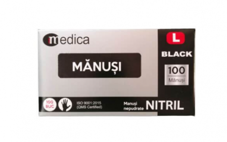 Manusi unica folosinta - Manusi negre nepudrate din nitril, L, 100 bucati, Medica - 170429