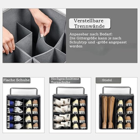 Set 2 organizatoare pantofi Arsey, 16 compartimente, pliabile, capac transparent, economisire spatiu, gri [3]