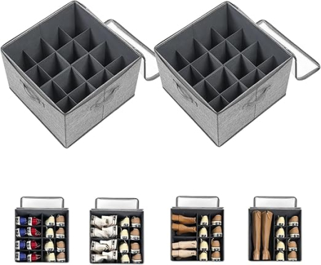 Lichidare Stoc - Set 2 organizatoare pantofi Arsey, 16 compartimente, pliabile, capac transparent, economisire spatiu, gri