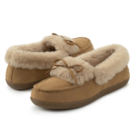 Fashion - Mocasini de Casa Dama RockDove, cu Captuseala din Blana Artificiala, Material Tip Piele, Bej, Marimea 38 EU