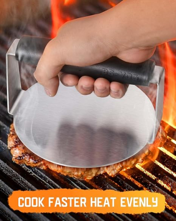 Prensă de hamburger rotundă 6” – din oțel inoxidabil, antiaderentă, cu mâner anti-arsură pentru grătar și planșă, pentru burgeri suculenți [1]