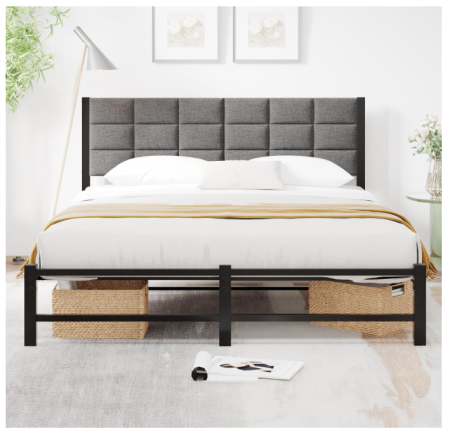 Lichidare Stoc - Pat Dormitor 120x200 cm JUISSANO – Cadru Pat Metal + Spatar + Cap de Pat, Spatiu Depozitare, Fara Saltea