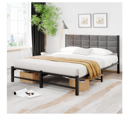 Pat Dormitor 120x200 cm JUISSANO – Cadru Pat Metal + Spatar + Cap de Pat, Spatiu Depozitare, Fara Saltea [2]