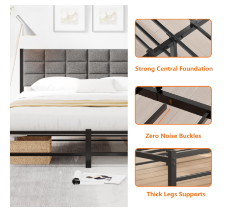 Pat Dormitor 120x200 cm JUISSANO – Cadru Pat Metal + Spatar + Cap de Pat, Spatiu Depozitare, Fara Saltea [5]
