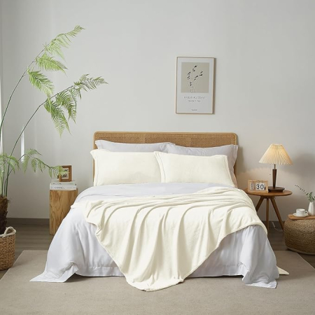 Patura flanel Luofanfei 180x200 cm, alba/crem, catifelata, pufoasa si calduroasa, pentru pat sau canapea [1]