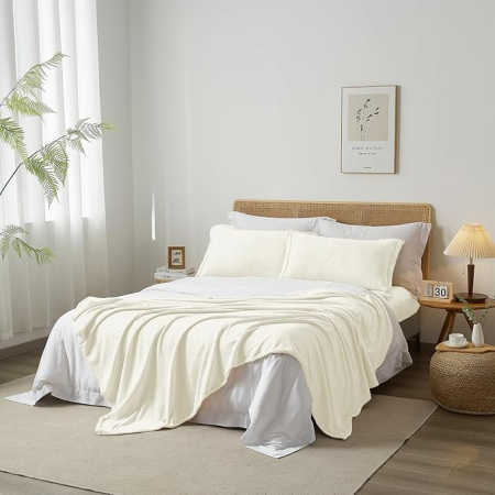 Patura flanel Luofanfei 150x200 cm, alba/crem, fleece pufoasa, catifelata si calduroasa, pentru pat sau canapea [6]