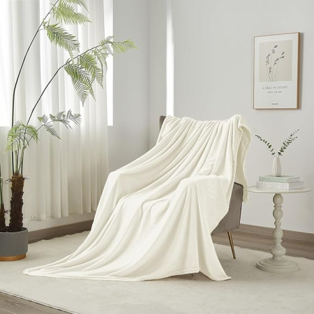 Paturi si cuverturi - Patura flanel Luofanfei 150x200 cm, alba/crem, fleece pufoasa, catifelata si calduroasa, pentru pat sau canapea
