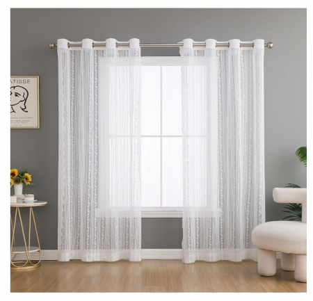 Lichidare Stoc - Set 2 perdele semi-transparente, 225 x 140 cm, cu inele, stil vintage brodat, pentru living sau dormitor