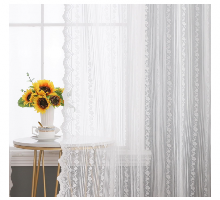 Set 2 perdele semi-transparente, 225 x 140 cm, cu inele, stil vintage brodat, pentru living sau dormitor [3]