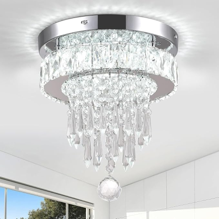 Textile & Decoratiuni - Candelabru modern cu cristale K9, plafoniera LED 20W, diametru 25 cm, lumina rece 6500K, design pe 4 niveluri, clasa energetica E