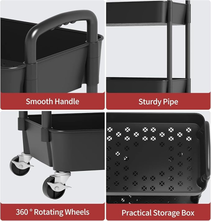 Carut Bucatarie 4 Nivele cu Rotile si Maner, Trolley Depozitare Multifunctional, Negru [2]