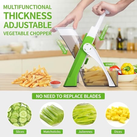 Mandolina de bucatarie multifunctionala, safe mandoline slicer, chopper profesional legume, 30+ presetari, container inclus, verde [5]