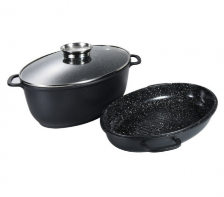 Oale si cratite - Set 3 piese roaster oval, aluminiu turnat, 3 straturi antiaderente, 3.4l/8.4l, capac sticla termorezistent, Goldmann