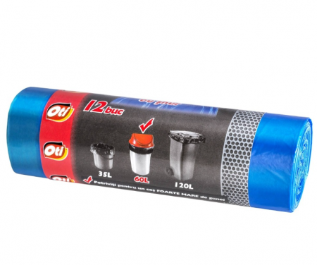 Saci Menajer cu Snur OTI FORTE, Capacitate 60L, 60x70 cm, 12 Buc/Rola, Culoare Albastra, Sac Menajer de Gunoi cu Snururi [1]