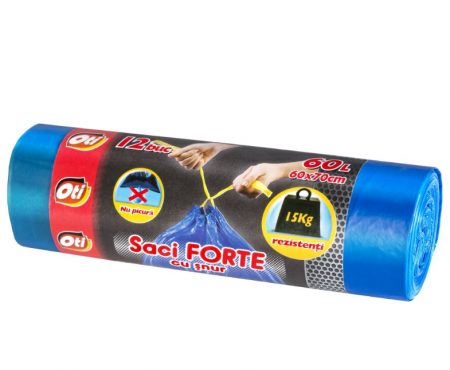 Saci Menajeri - Saci Menajer cu Snur OTI FORTE, Capacitate 60L, 60x70 cm, 12 Buc/Rola, Culoare Albastra, Sac Menajer de Gunoi cu Snururi