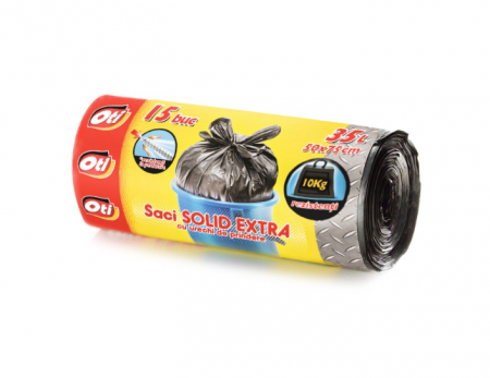 Saci Menajeri - Saci SOLID EXTRA cu urechi de prindere, 35L, negru, 15 buc./rola