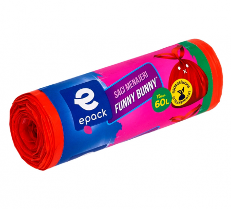 Saci menajeri Epack Funny Bunny, 60 l, 60 x 71 cm + 16 cm, 15 buc/rola, Rosu [1]