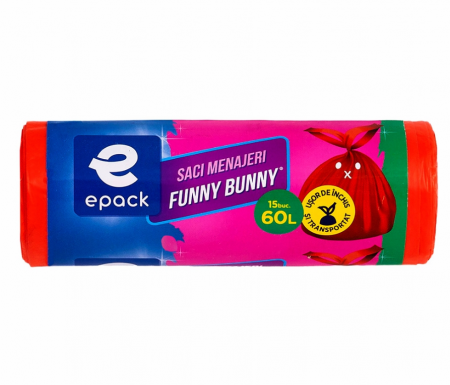 Saci menajeri Epack Funny Bunny, 60 l, 60 x 71 cm + 16 cm, 15 buc/rola, Rosu