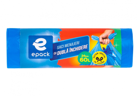 Saci Menajeri HDPE Cu Dubla Inchidere Albastru Epack, 60L, 18 Buc/ set