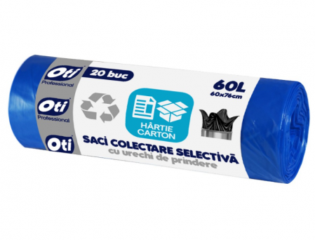 Curatenie - Saci Menajeri OTI pentru Colectare Selectiva, Hartie/Carton, Capacitate 60L, 76x60 cm, 20 Buc/Rola, Culoare Albastra, Articole Menaj