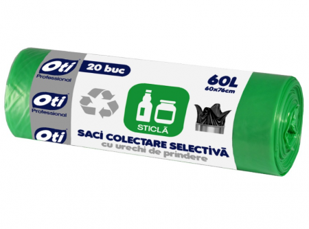 Saci Menajeri - Saci Menajeri OTI pentru Colectare Selectiva, Sticla, Capacitate 60L, 76x60 cm, 20 Buc/Rola, Culoare Verde, Articole Menaj