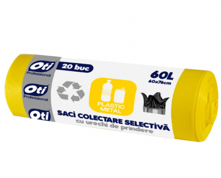 Curatenie - Saci Menajeri OTI pentru Colectare Selectiva, Plastic si metal, Capacitate 60L, 76x60 cm, 20 Buc/Rola, Culoare Galben, Articole Menaj