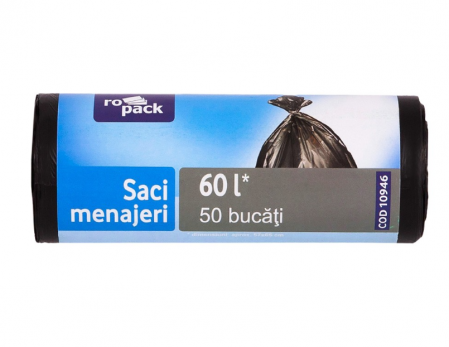 Curatenie - Saci menajeri Ropack, 60 l, 50 buc/rola, Negru