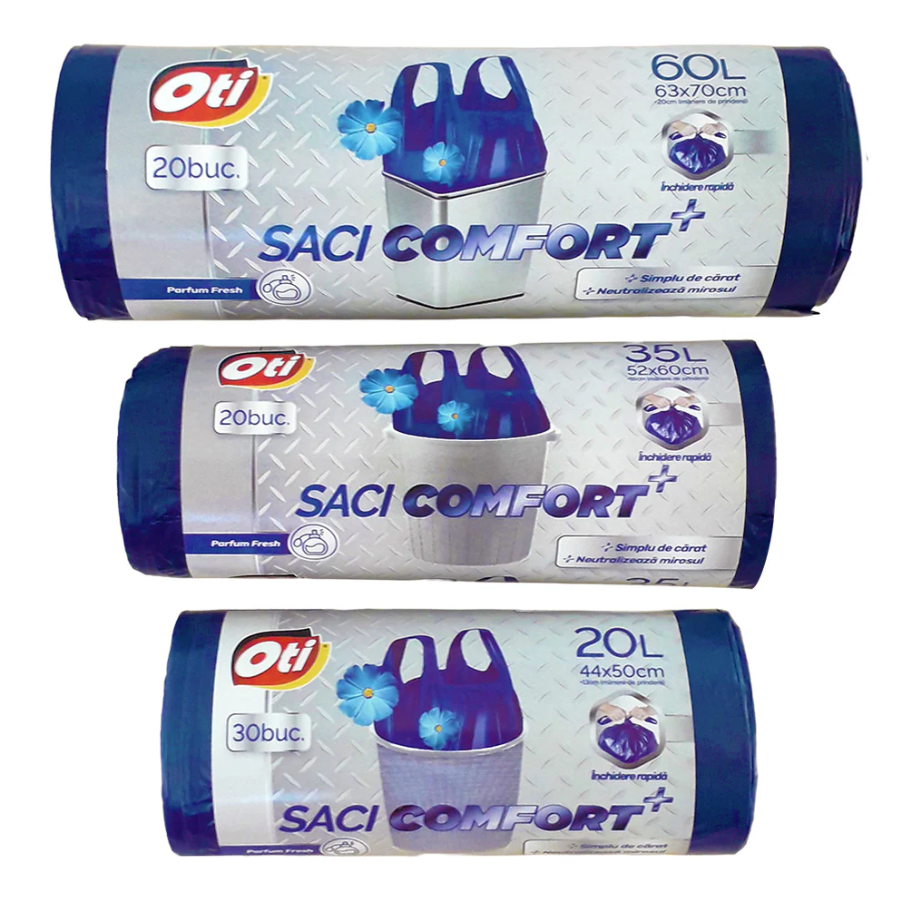 Saci menajeri COMFORT+ cu manere, 60L, albastru, 20 buc./rola, parfum ocean [1]