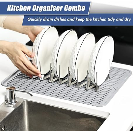 Suport vase si capace din inox, dish drainer rack, rib rack, economizor spatiu, 2 bucati, gri [1]