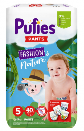 Scutece si chilotei - Scutece-chilotel Pufies Pants Fashion & Nature, 5 Junior, 12-17 kg, 40 buc