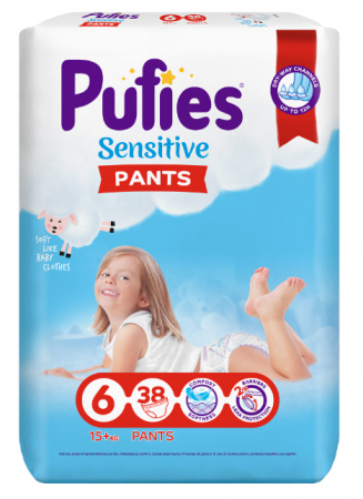 Scutece si chilotei - Scutece-chilotel Pufies Pants Sensitive Extra Large, Marimea 6, 15+ kg, 38 buc