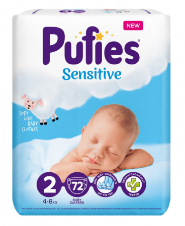 Scutece si chilotei - Scutece Pufies Sensitive, Marimea 2 Mini, 4-8 kg, 70 bucati