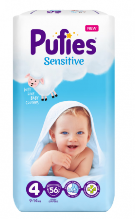 Scutece si chilotei - Scutece Pufies Sensitive, 4 Maxi, Maxi Pack, 9-14 kg, 56 buc