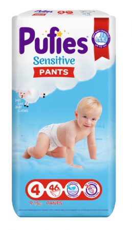Scutece si chilotei - Scutece-chilotel Pufies Pants Sensitive Maxi, Marimea 4, 9-15 kg, 46 buc