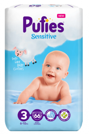 Scutece si chilotei - Scutece Pufies Sensitive, 3 Midi, Maxi Pack, 6-10 kg, 66 buc